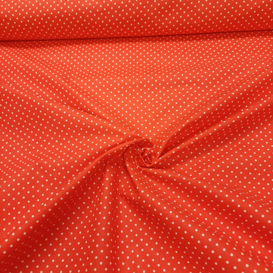 100% Kokvilnas audums - balti punktiÅi uz sarkana fona (3 mm) 130 g/m²