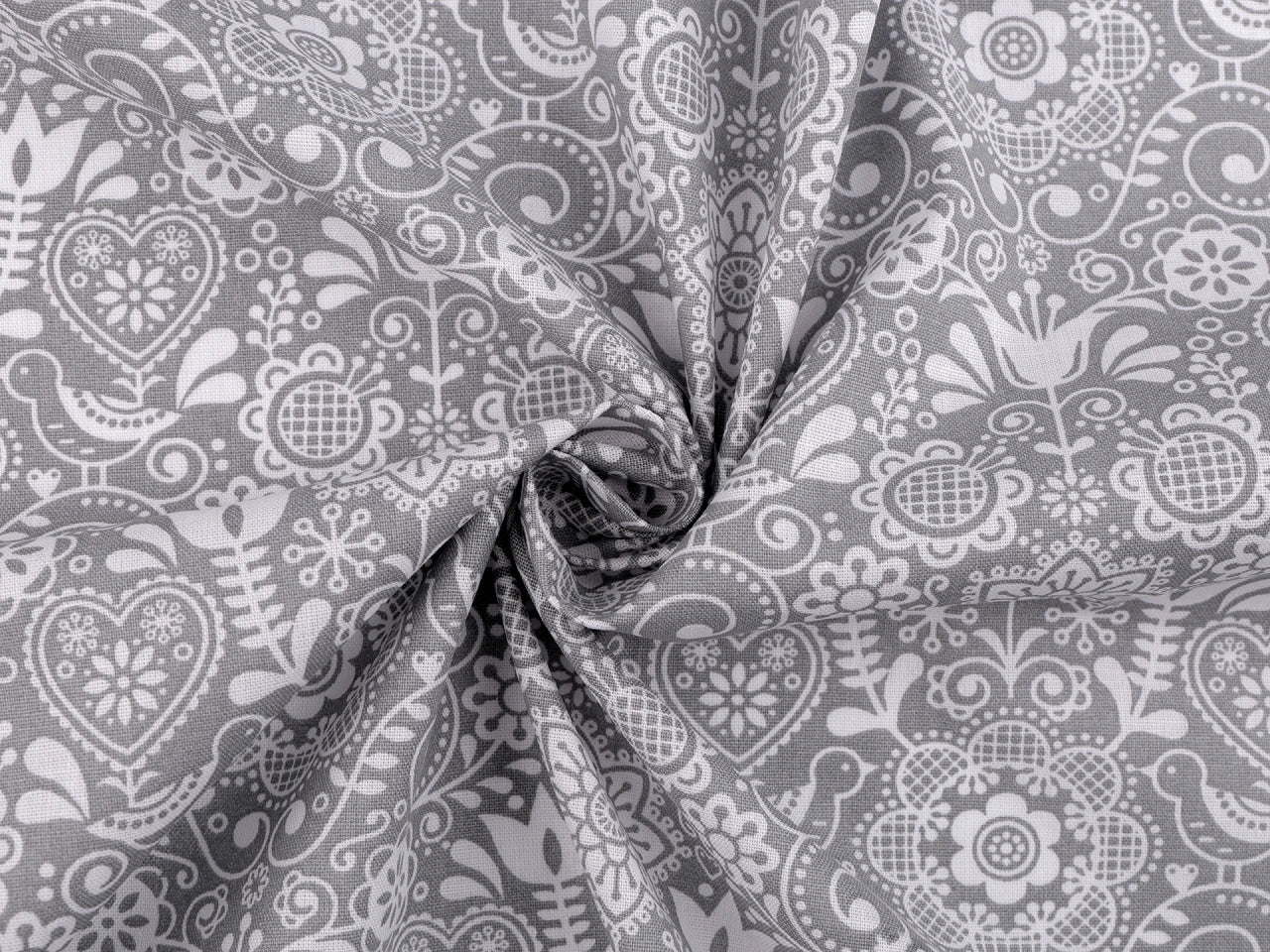 100% Kokvilnas audums - raksts uz pelēka fona 125 g/m²