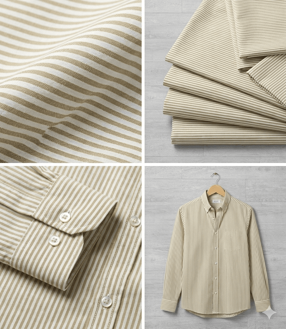 Image avec tissu 100 % coton à rayures ton sable, 125 g/m² – disponible chez Šarlotes audumi