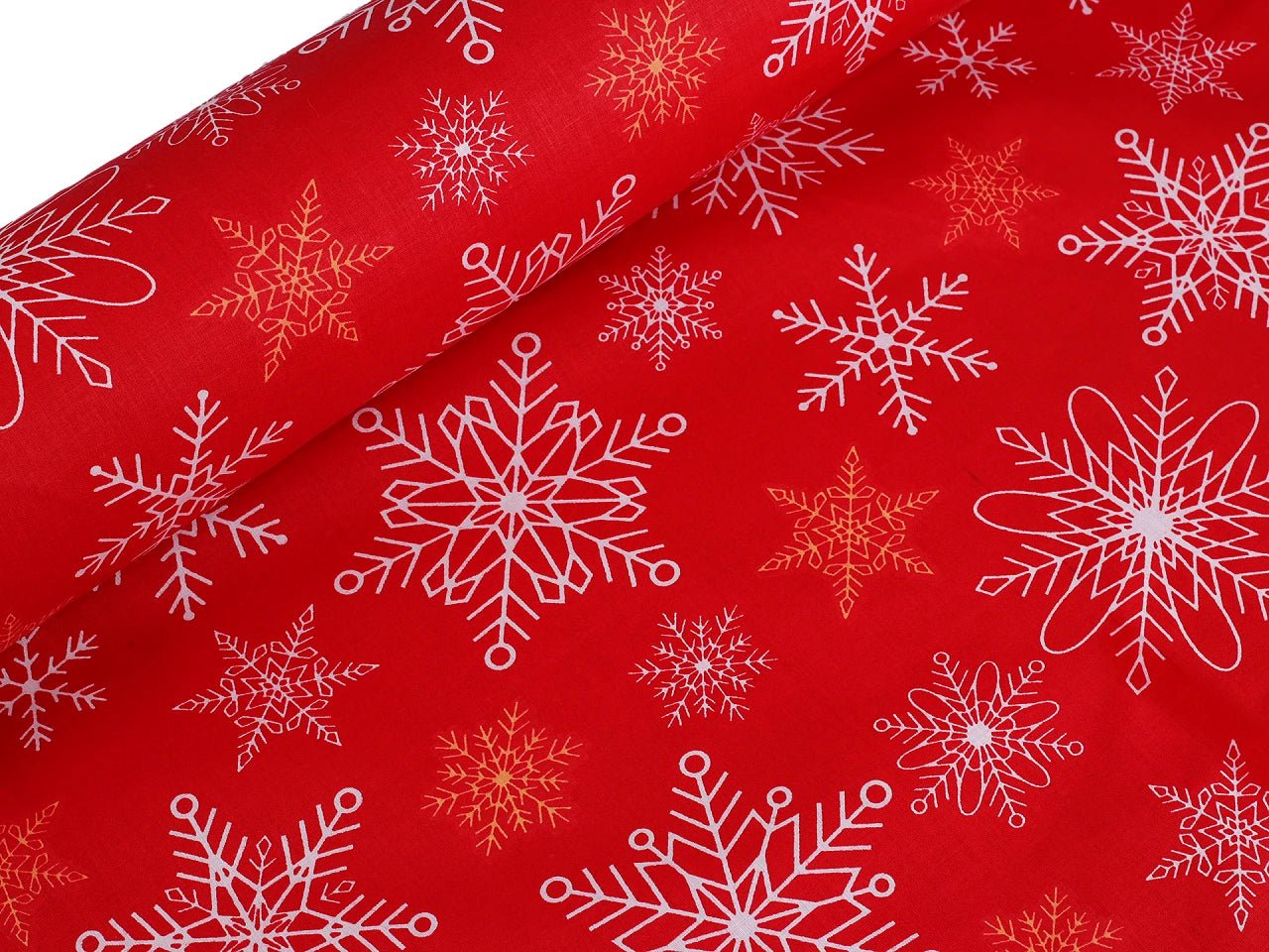 Attēls ar 100% Kokvilnas audums - sniegpārslas uz sarkana fona 125 g/m (DRĪZUMĀ PLAUKTOS) – pieejams Šarlotes audumi