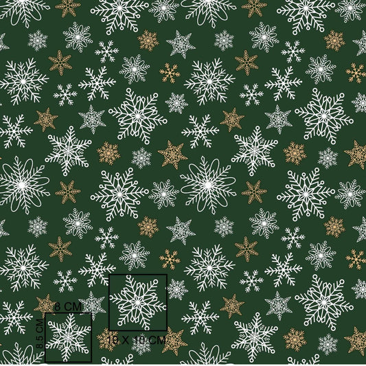 Attēls ar 100% Kokvilnas audums - sniegpārslas uz zaļa fona 125 g/m (drīzumā gaidāms) – pieejams Šarlotes audumi