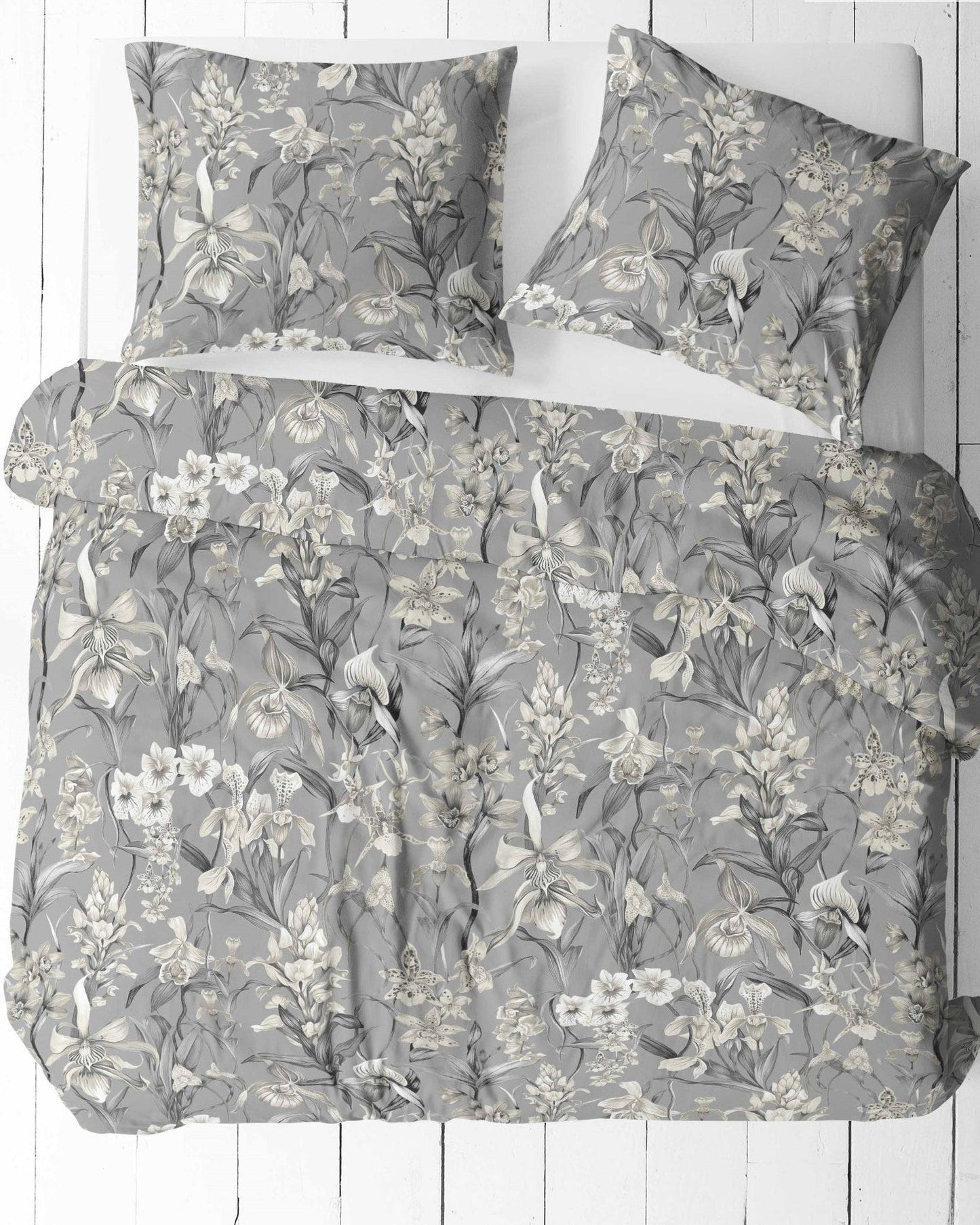 100% Kokvilnas audums - ziedu motīvs pelēka 125 g/m²