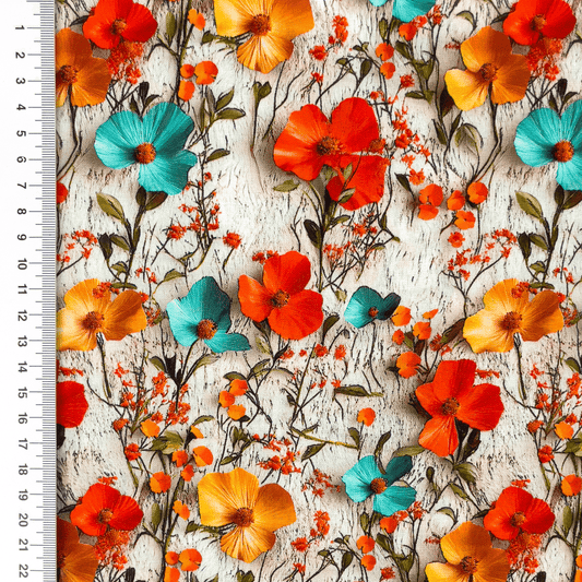 100% Viskozes audums - oranži un tirkīzzili ziedi 110 g/m²