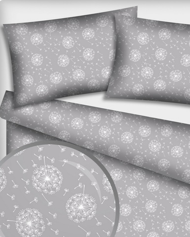 100% Kokvilnas audums-pieneņpūkas uz pelēka fona 125 g/m²