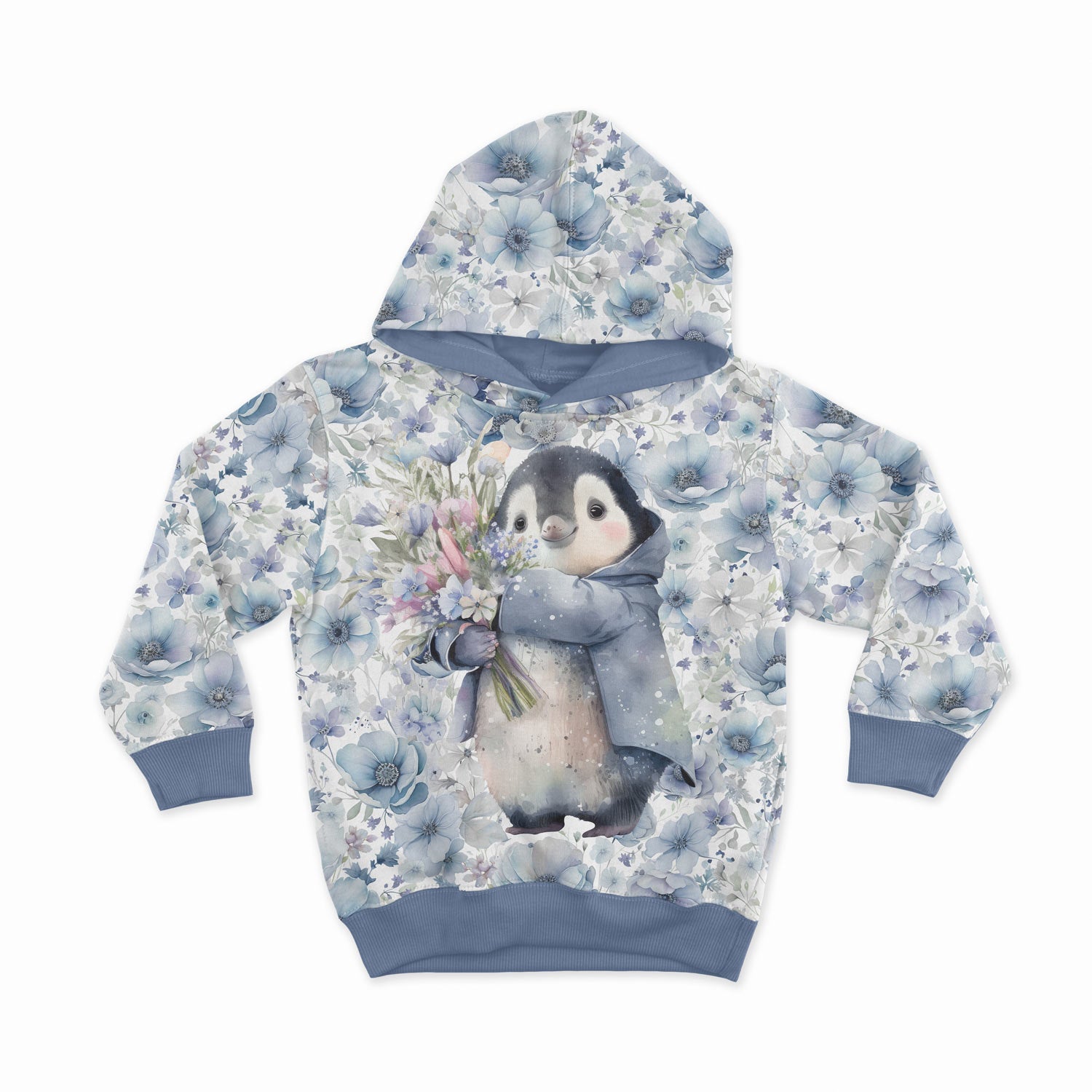 Cilpiņtrikotāžas panelis 40x50 cm - pingvīns ar ziediem 250 g/m²