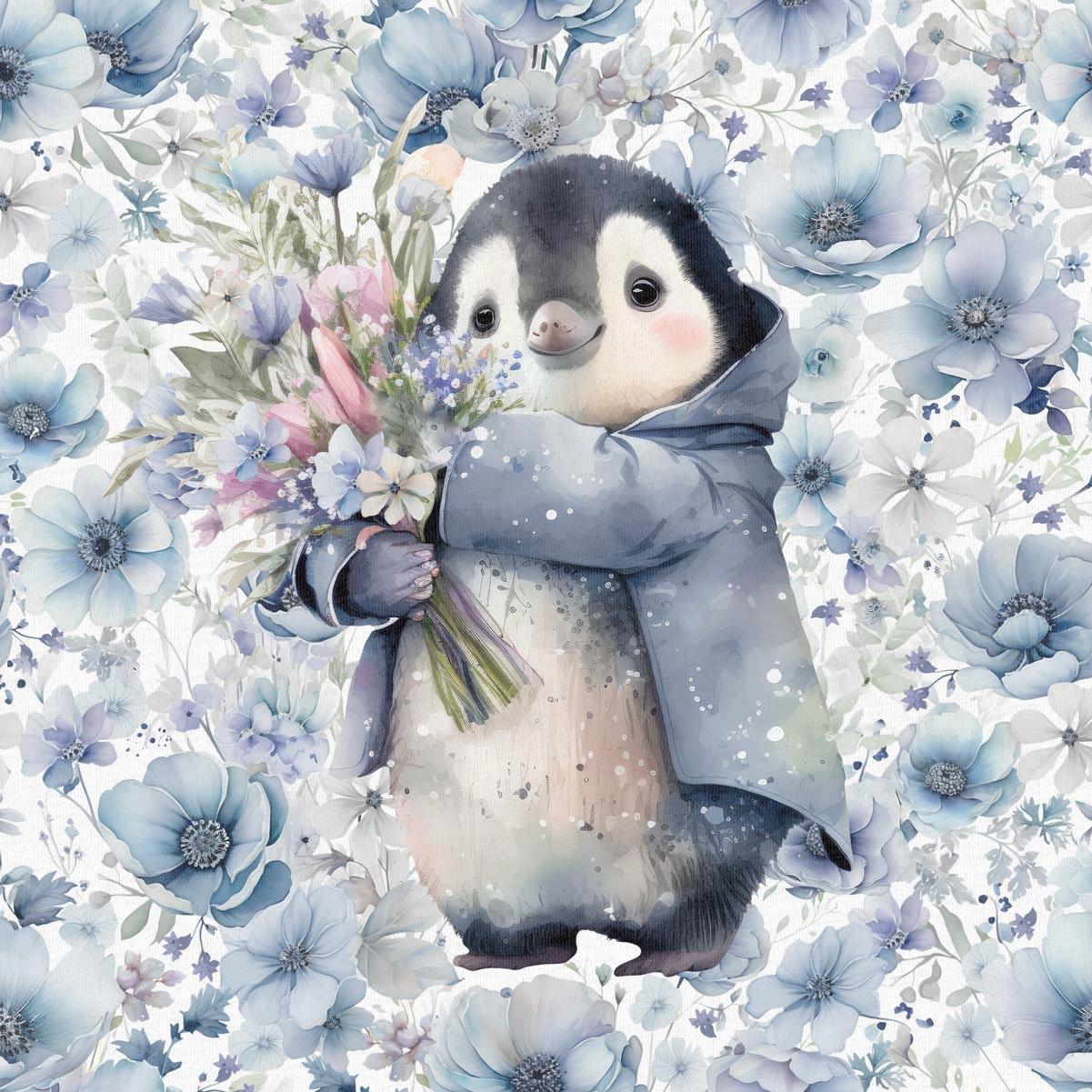 Cilpiņtrikotāžas panelis 40x50 cm - pingvīns ar ziediem 250 g/m²