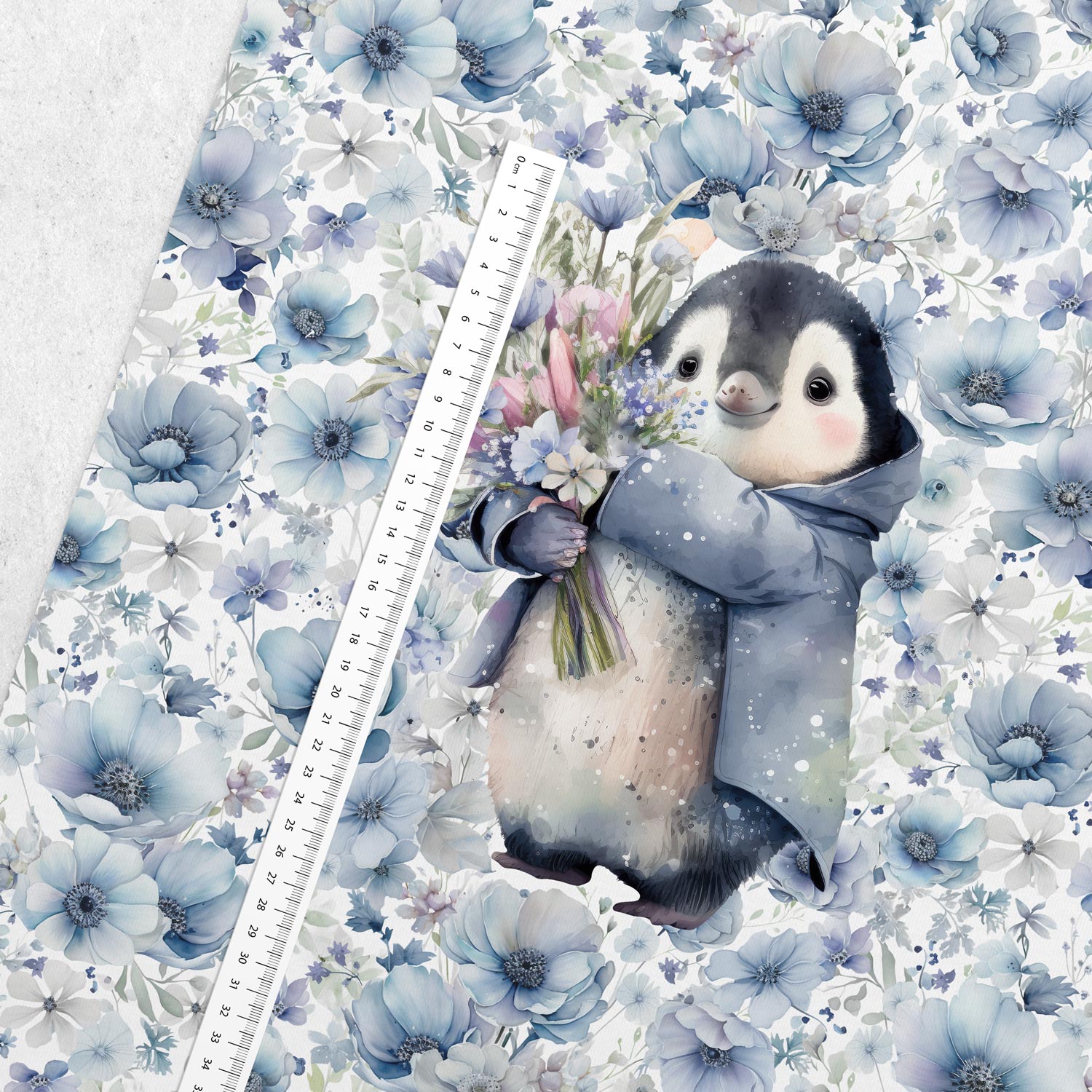 Cilpiņtrikotāžas panelis 40x50 cm - pingvīns ar ziediem 250 g/m²