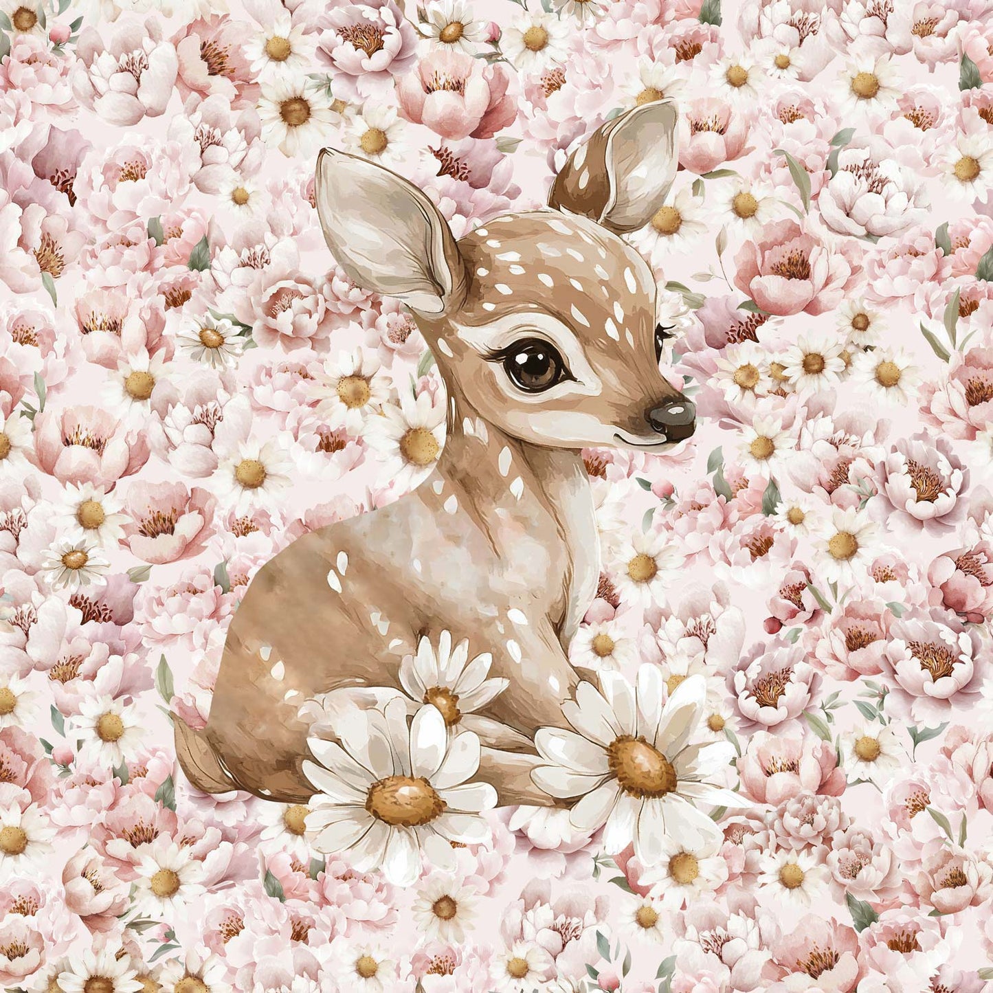 Cilpiņtrikotāžas panelis 40x50 cm - stirniņa margrietiņās un peonijās 250 g/m²