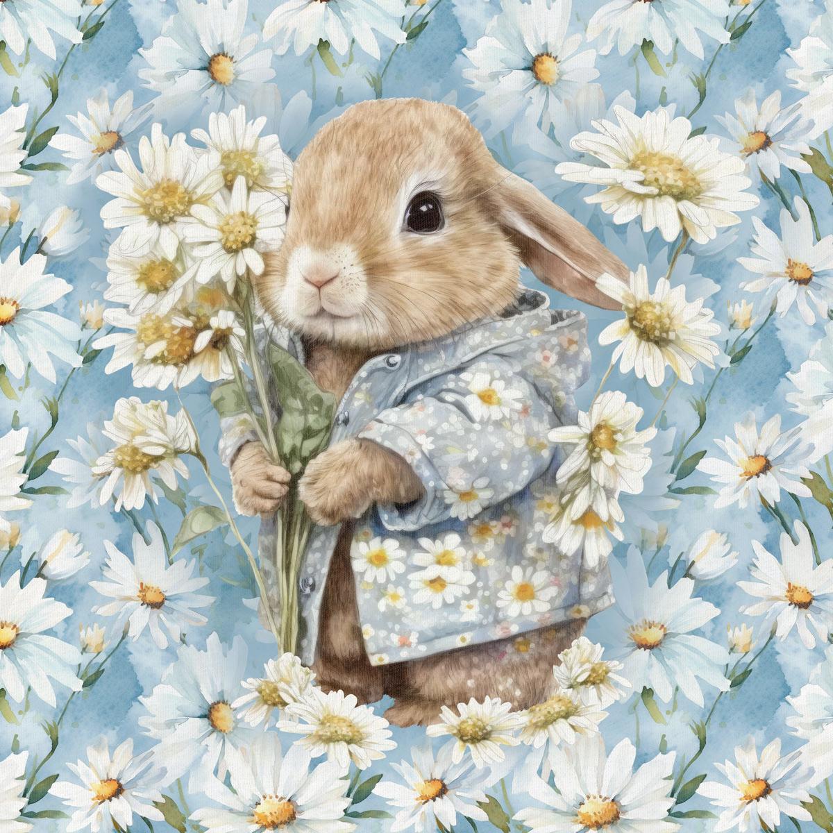 Cilpiņtrikotāžas panelis 40x50 cm - zaķīts ar margrietiņām 250 g/m²