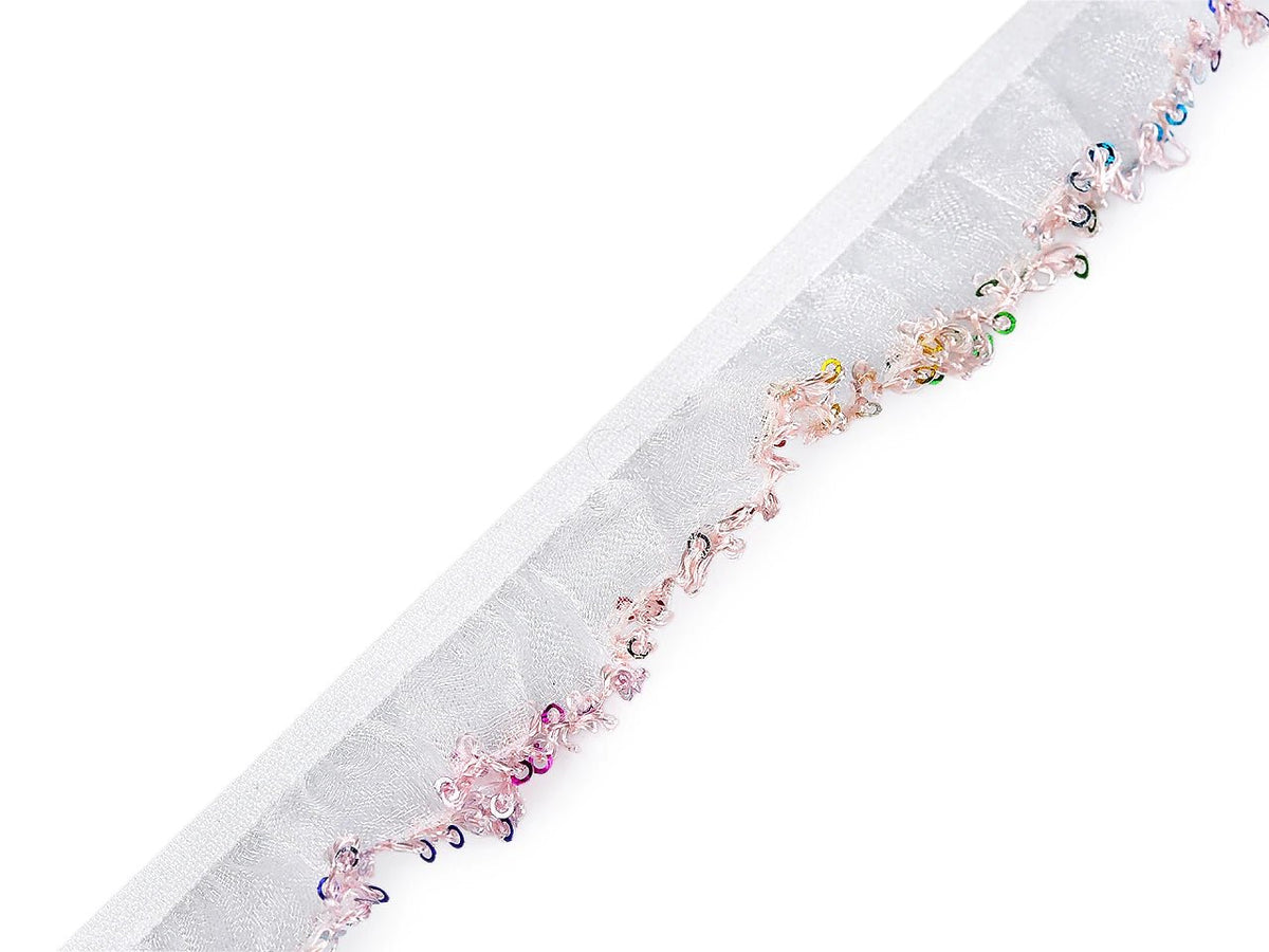 Image of decorative ruffled elastic lace with sequins 20 mm – available online at Šarlotes audumi