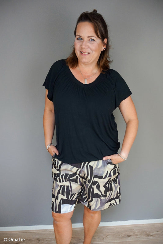 Denim fabric with abstract pattern - black, gray and white, 190 g/m² – available at Šarlotes audumi