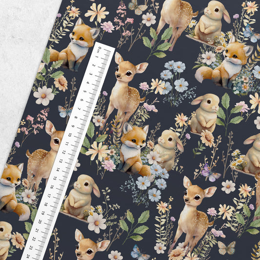 Kokvilninė kilpinė mezgimo medžiaga - kiškis su elniuku 250 g/m²