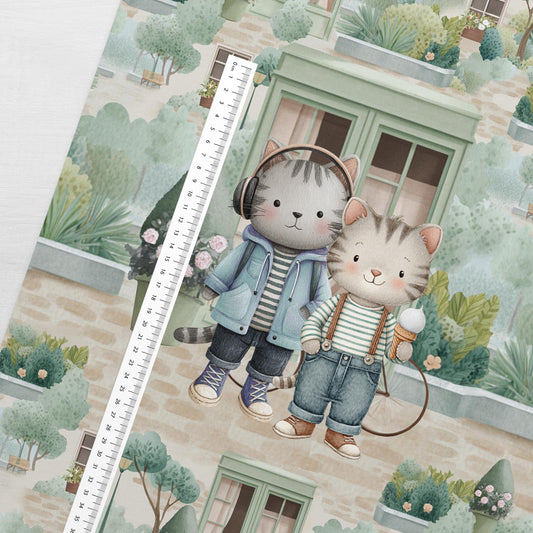 Kilpinės trikotažo panelis 40x50 cm – miesto kačių pasivaikščiojimas 250 g/m²