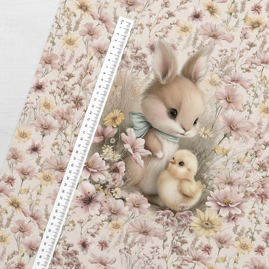 Kilpinio trikotažo panelis 40x50 cm – saulėto zuikučio draugystė 250 g/m²