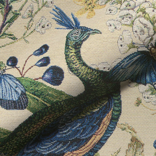 Tapestry image - peacock on a light background 350 g/m² – available at Šarlotes audumi
