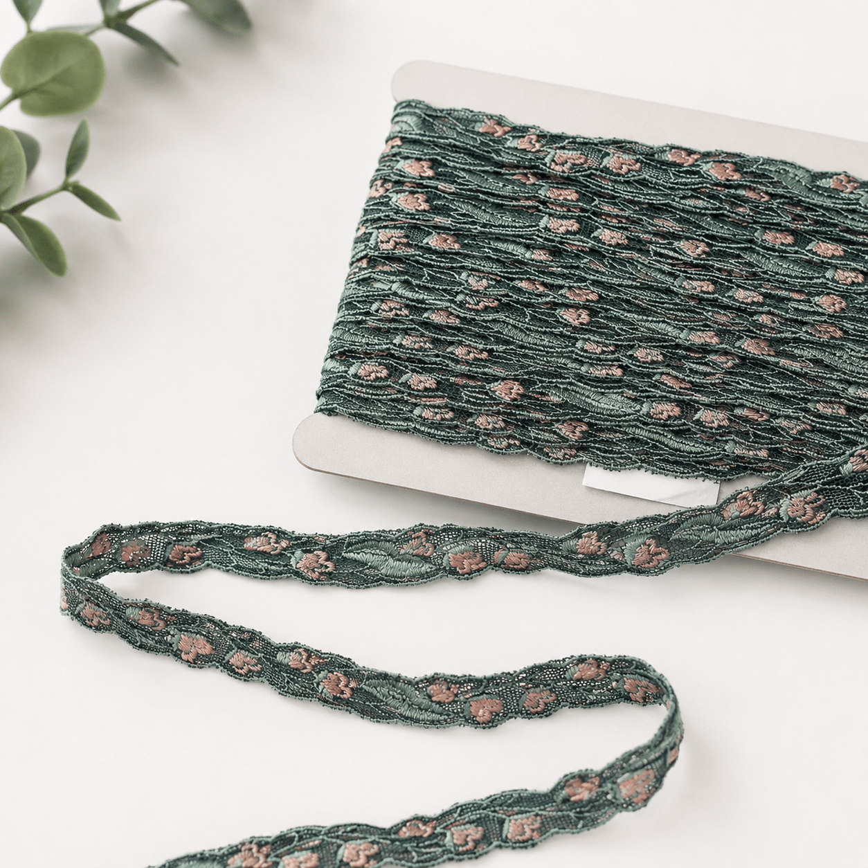 Image with embroidered lace 1.2 cm - orange flowers and green leaves – available at Šarlotes audumi