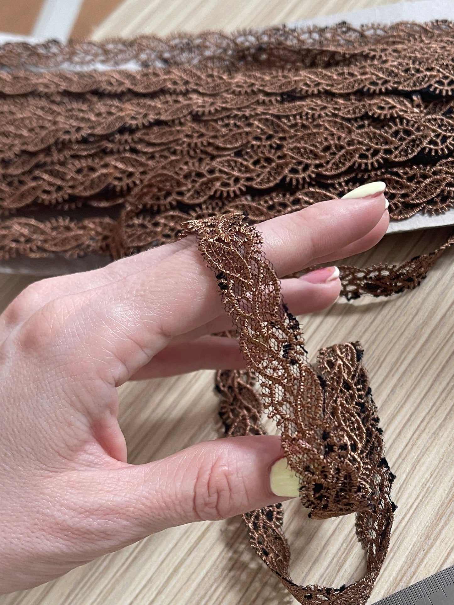 Attēls ar Izšūta mežģīnes lenta 1.5 cm - brūna ar melniem akcentiem – pieejams Šarlotes audumi