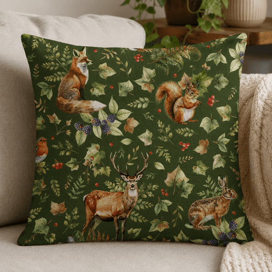 Canvas fabric with forest animals, 200 g/m² – available at Šarlotes audumi