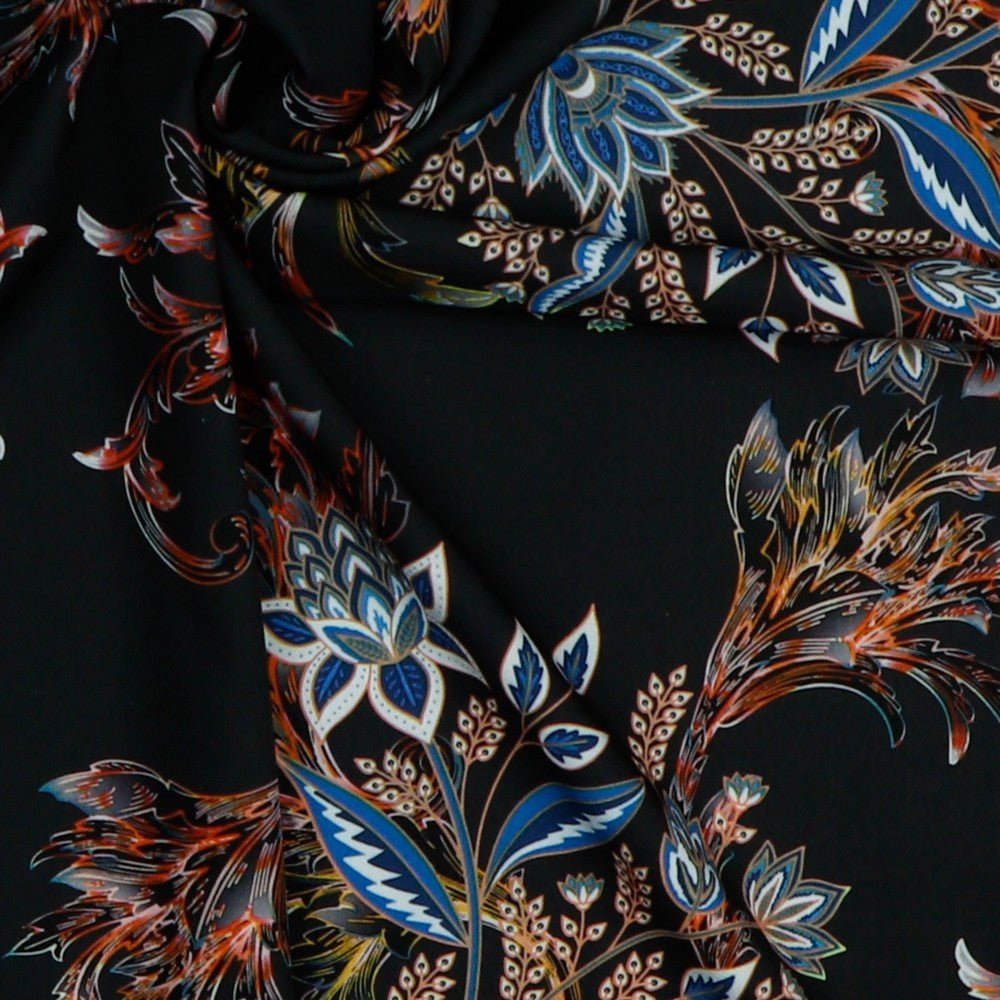 Kleitu audums ar elastānu - raksts uz melna fona 80 g/m²