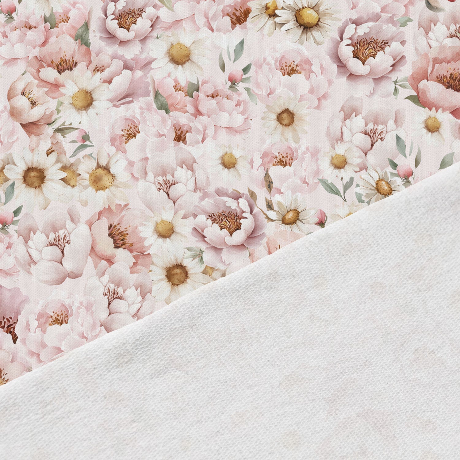 Kokvilnas cilpiņtrikotāža - margrietiņas un peonijas 250 g/m²