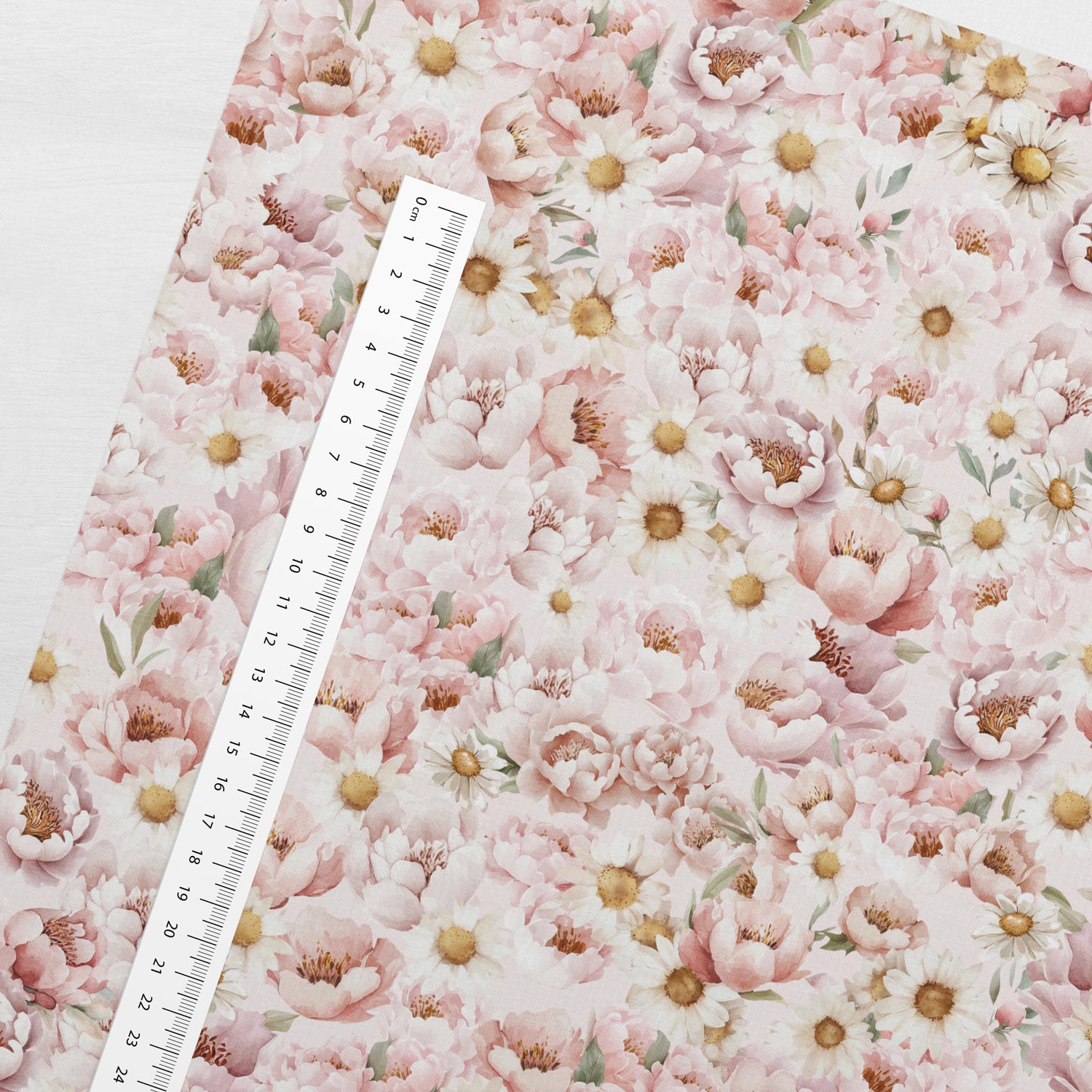 Kokvilnas cilpiņtrikotāža - margrietiņas un peonijas 250 g/m²