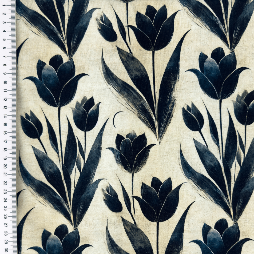 Kokvilnas cilpiņtrikotāža - melnās tulpes 250 g/m²