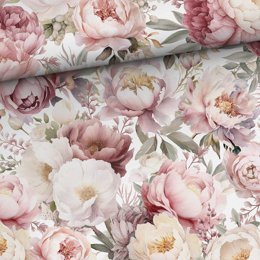 Kokvilnas cilpiņtrikotāža - peoniju simfonija 250 g/m²