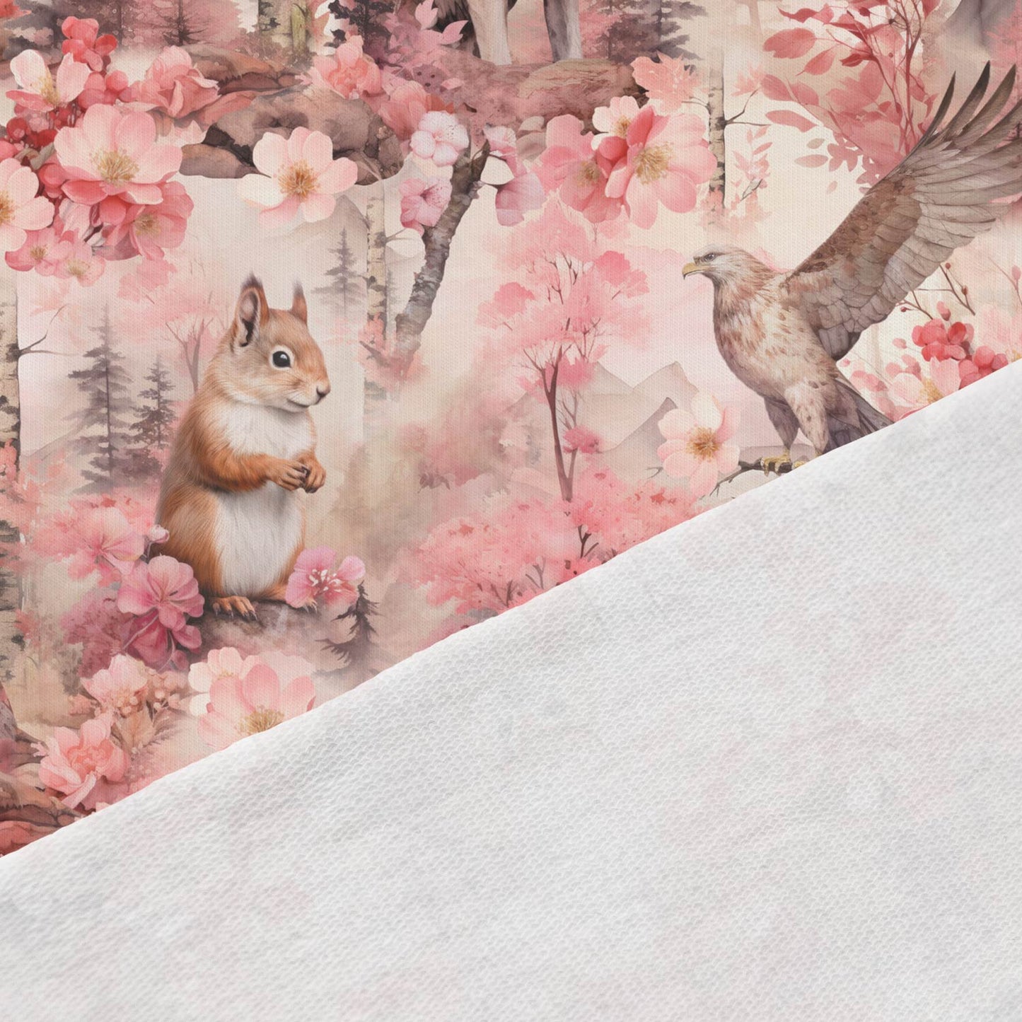 Attēls ar Kokvilnas cilpiņtrikotāža - sārtā meža pasaka 250 g/m² – pieejams Šarlotes audumi