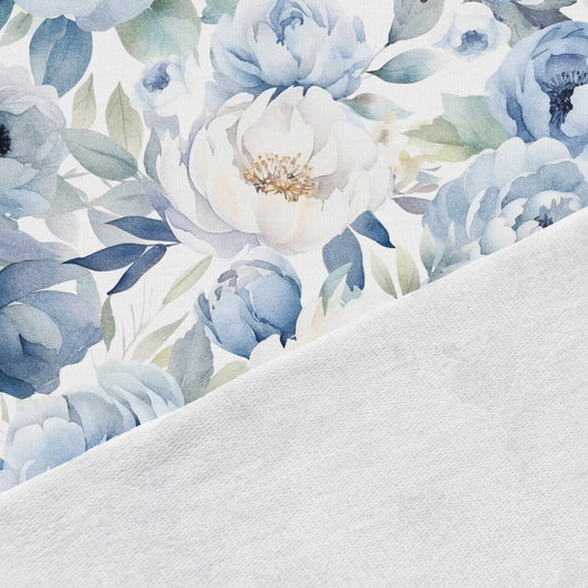 Kokvilnas cilpiņtrikotāža - zili un balti ziedi 250 g/m²