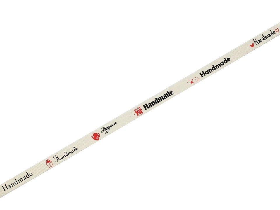 Kokvilnas lente ar uzrakstu Handmade | 10 mm, 22,5 m
