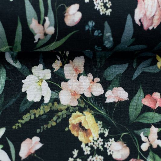 Kokvilnas siltināta trikotāža|Alpen fleece| - eikalipts un ziedi 300 g/m²