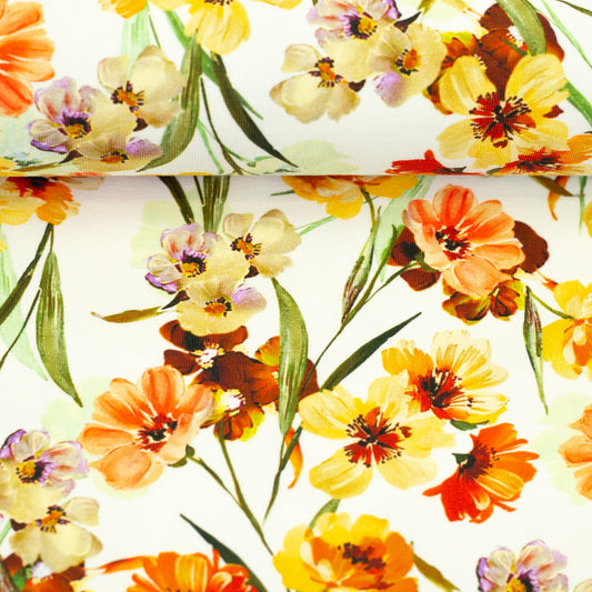 Kokvilnas trikotāža - dzeltenie ziedi 220 g/m²