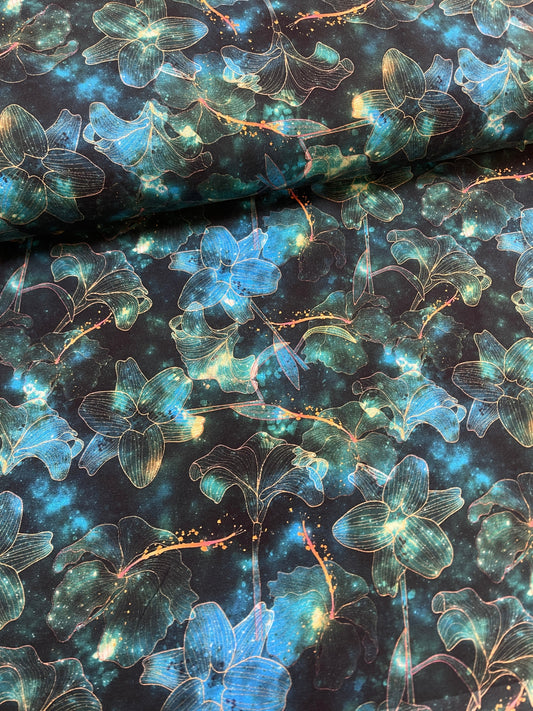 Attēls ar Kokvilnas trikotāža - kosmiskie ziedi 200 g/m² – pieejams Šarlotes audumi