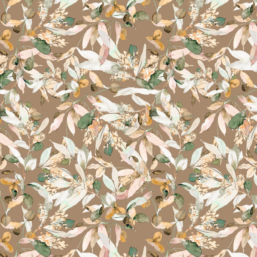 Kokvilnas trikotāža - lapas uz brūngana fona 200 g/m²