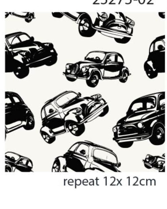 Kokvilnas trikotāža - melni auto uz balta fona 200 g/m²