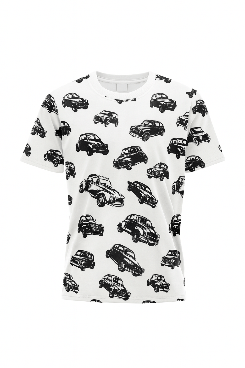 Kokvilnas trikotāža - melni auto uz balta fona 200 g/m²
