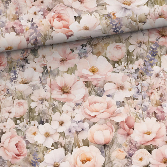 Kokvilnas trikotāža - pasteļtoņu ziedi 200 g/m²
