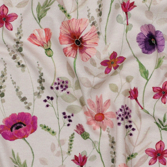 Kokvilnas trikotāža - pļava uz bēša fona 200 g/m²