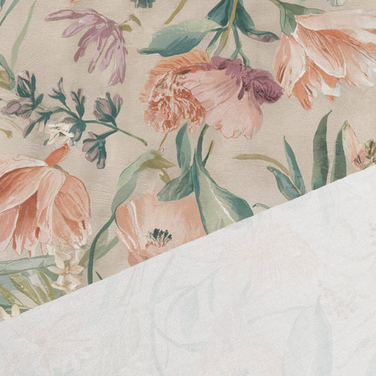 Kokvilnas trikotāža - puķes uz bēša fona 200 g/m²