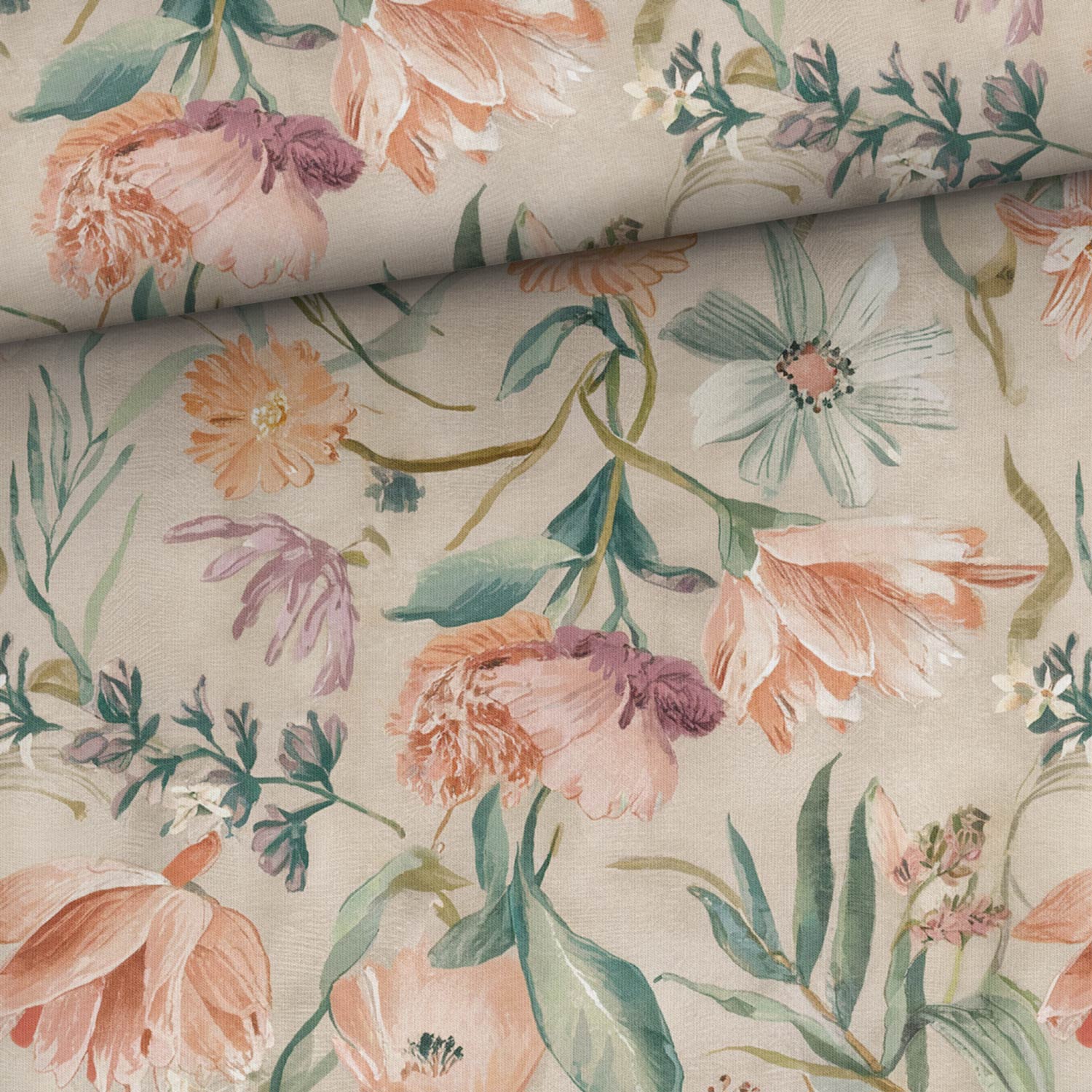 Kokvilnas trikotāža - puķes uz bēša fona 200 g/m²