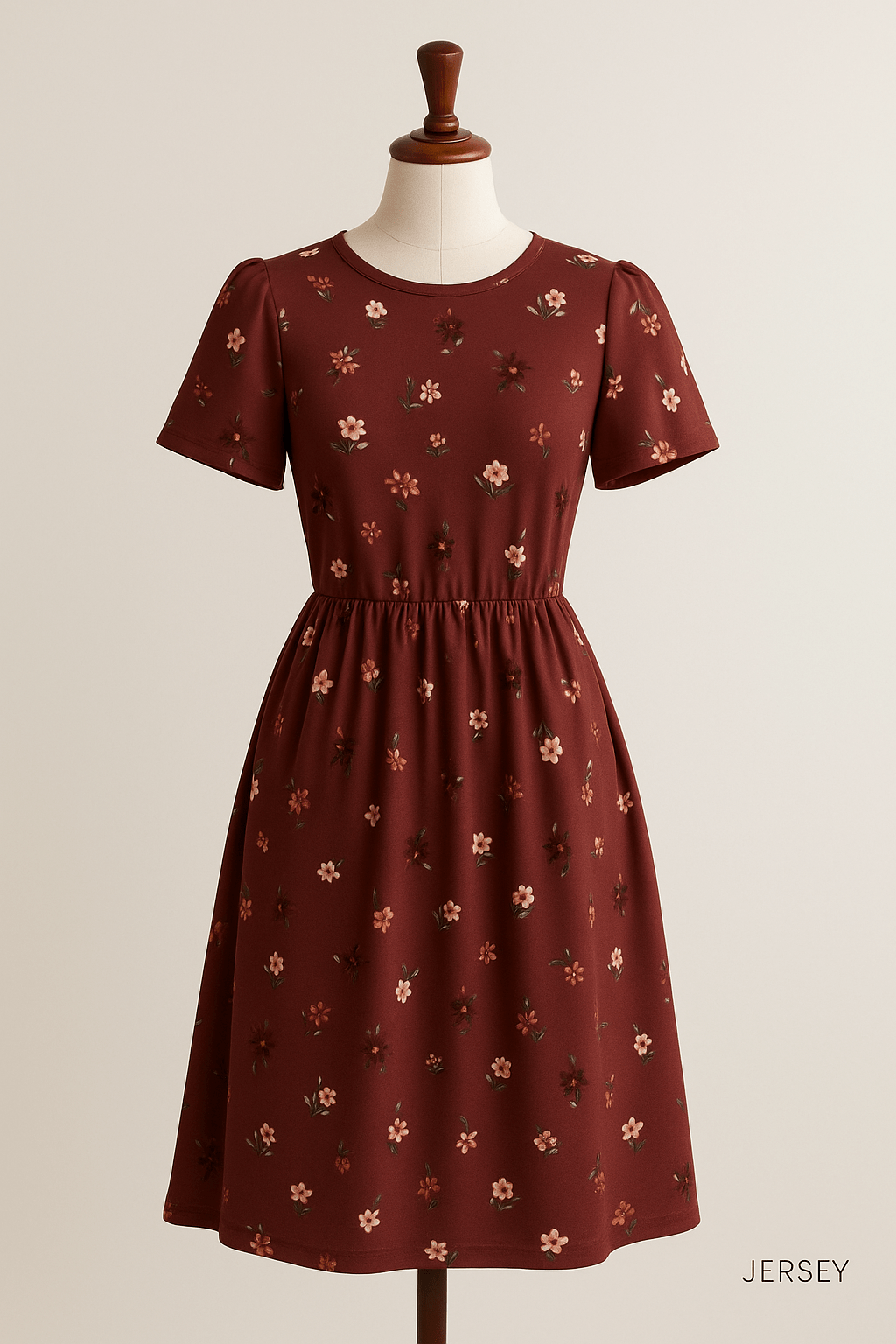 Kokvilnas trikotāža - puķes uz burgundija fona 200 g/m²