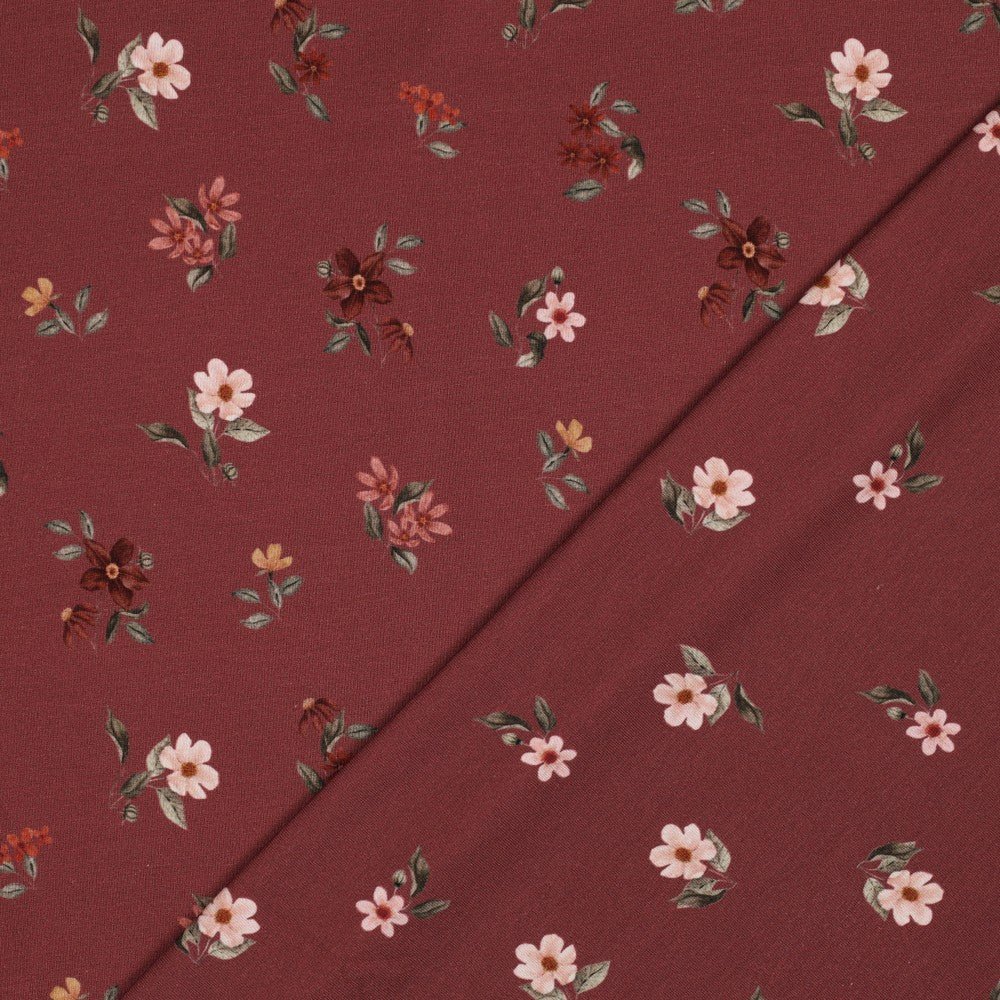 Kokvilnas trikotāža - puķes uz burgundija fona 200 g/m²