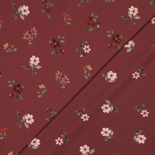 Kokvilnas trikotāža - puķes uz burgundija fona 200 g/m²