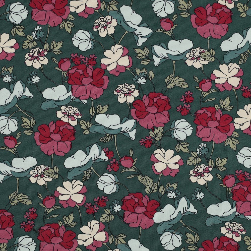 Kokvilnas trikotāža - puķes uz zaļa fona 200 g/m²