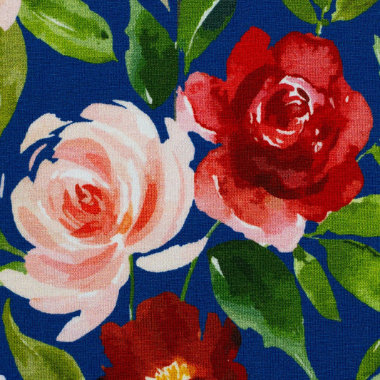 Kokvilnas trikotāža - rozes uz zila fona 200 g/m²