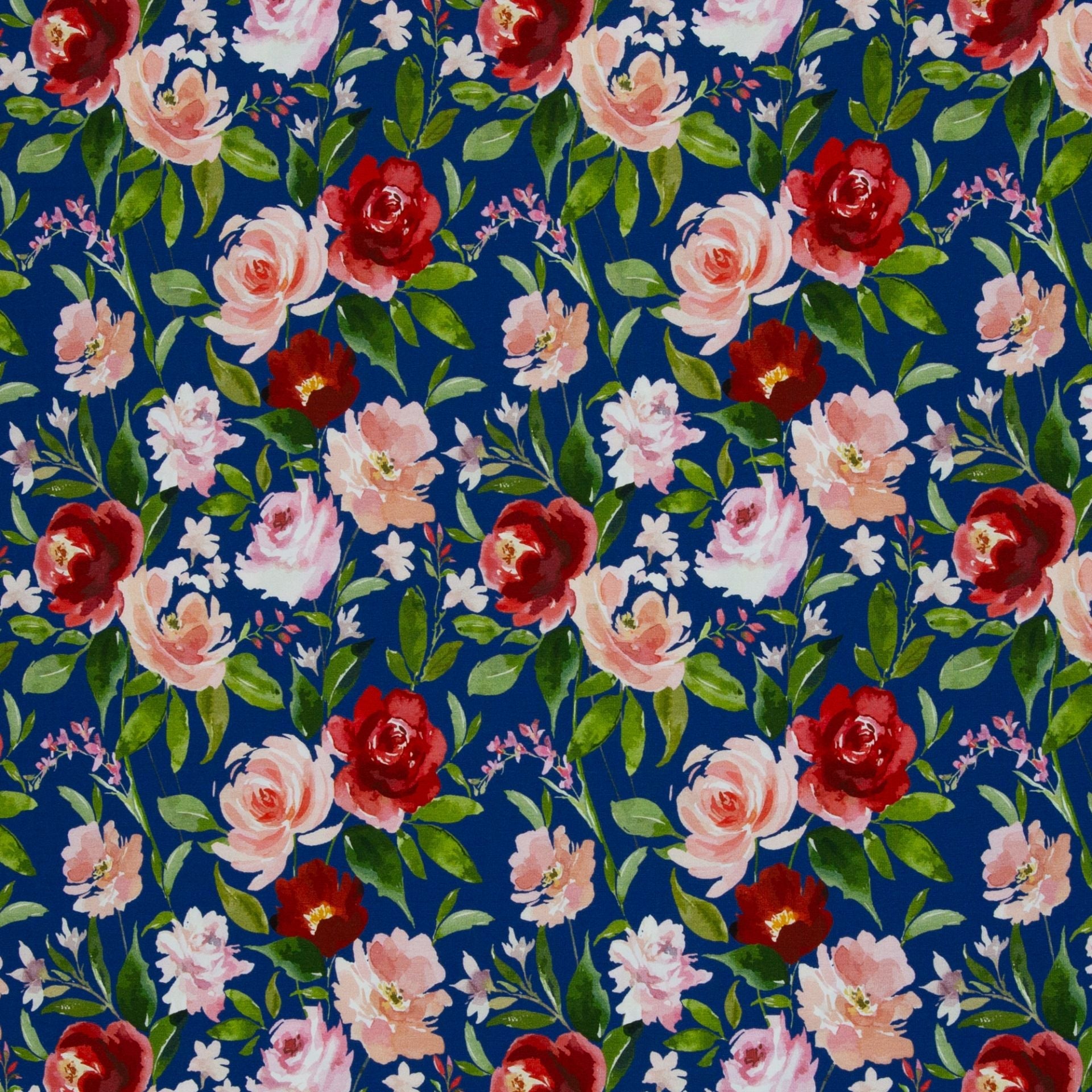 Kokvilnas trikotāža - rozes uz zila fona 200 g/m²
