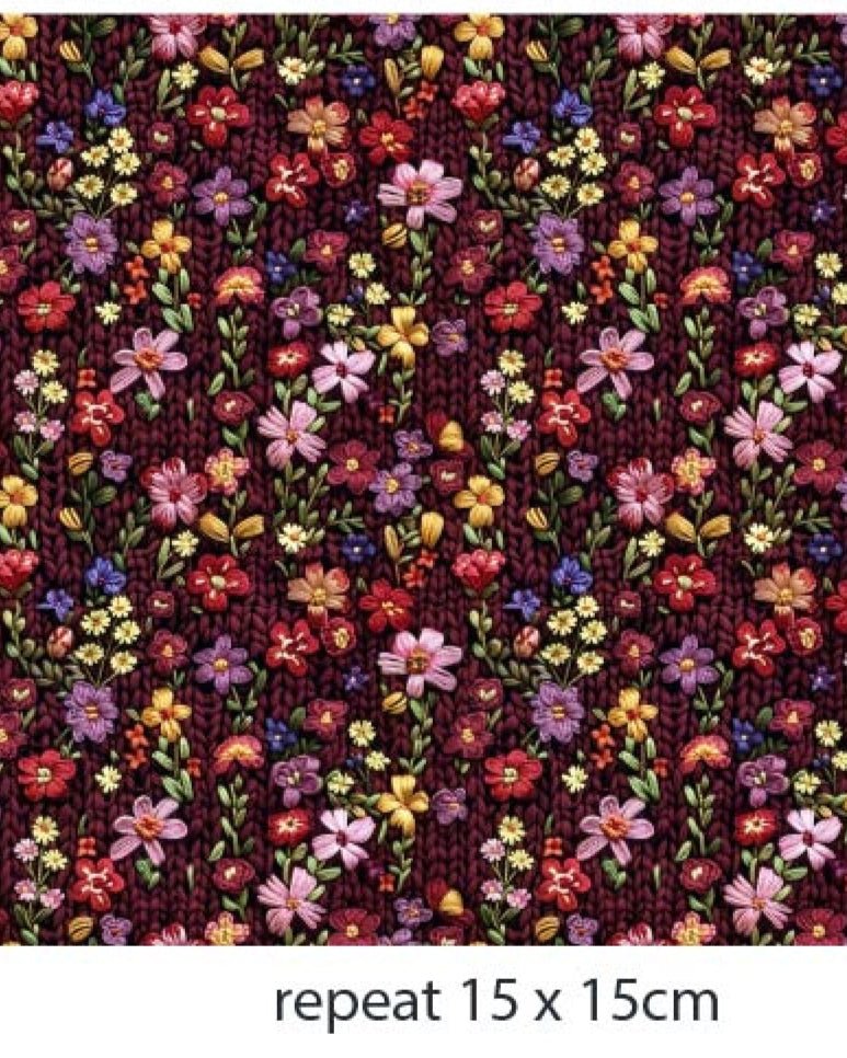 Kokvilnas trikotāža - smalki ziediņi ar adījuma rakstu fonā 200 g/m²