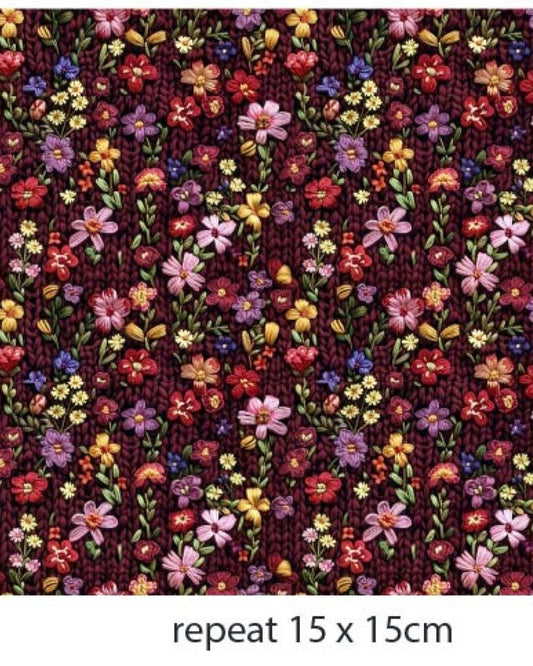 Kokvilnas trikotāža - smalki ziediņi ar adījuma rakstu fonā 200 g/m²