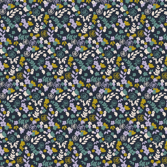 Kokvilnas trikotāža - smalki ziediņi uz tumši zila fona 220 g/m² (GOTS sert.)