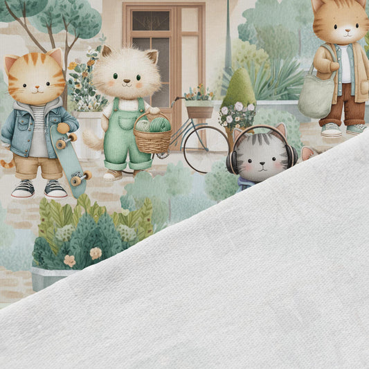 Medvilninė kilpinė trikotažo medžiaga – kačių gyvenimas mieste 250 g/m²